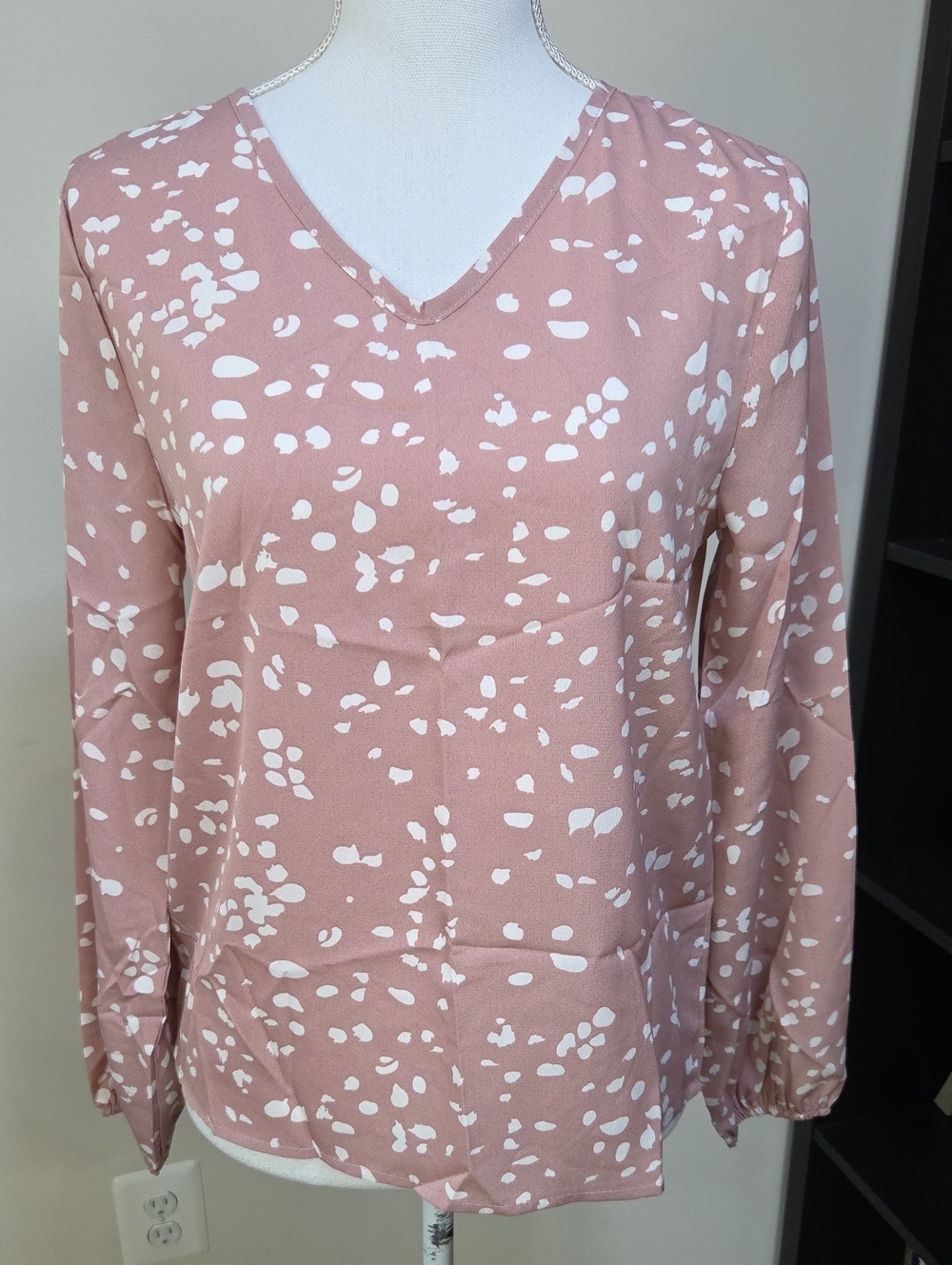 V-Neck Long Sleeve Pink Printed Blouse